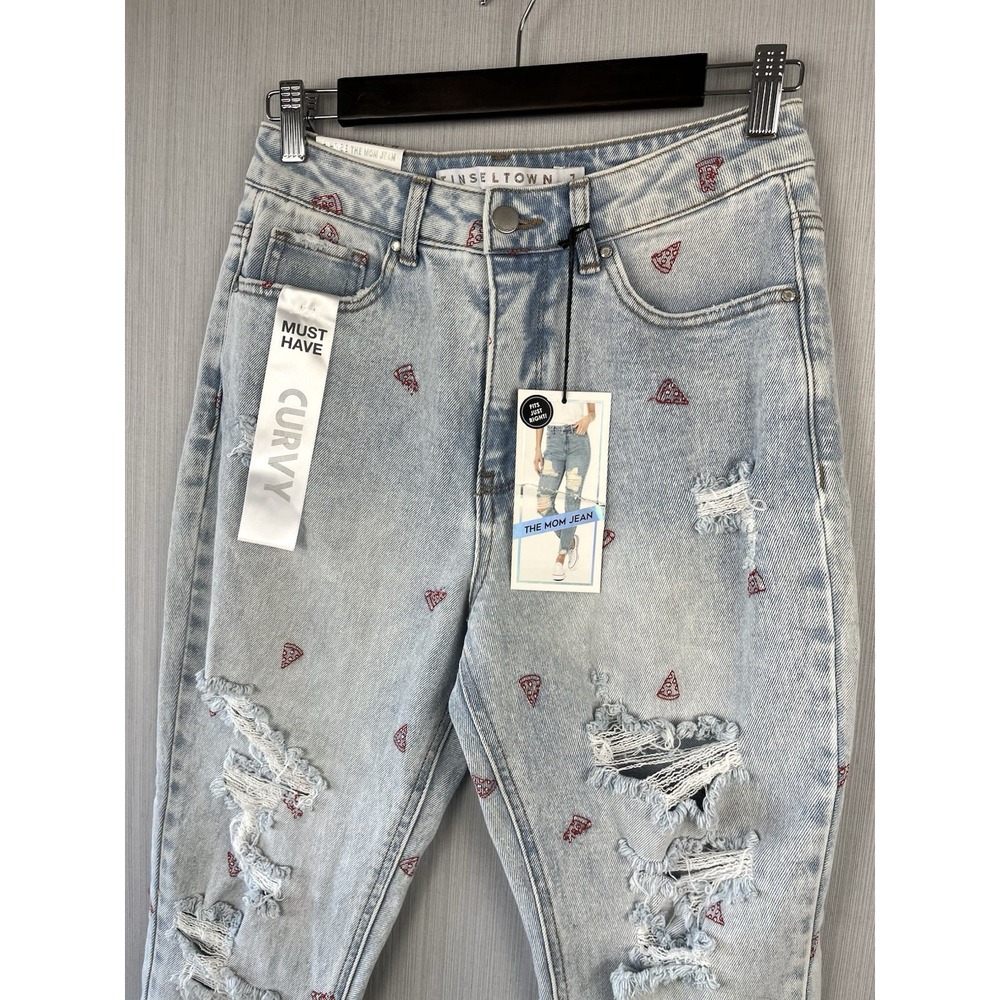 Embroidered Pizza High Rise Mom Jeans Tinseltown Womens 7 Distressed Grunge NWT